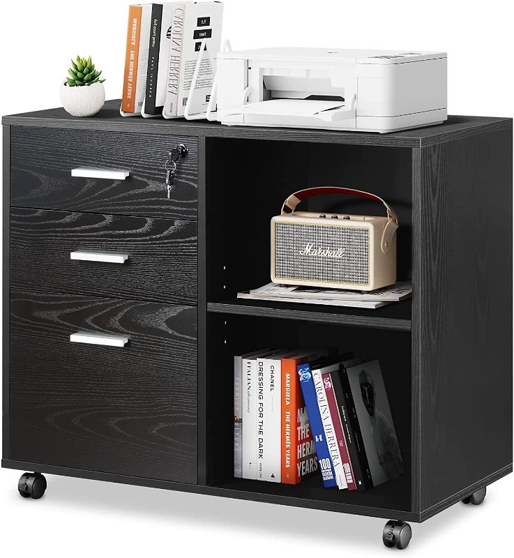 Photo 1 of **SIMILAR TO STOCK PHOTO**PARTS ONLY**
DEVAISE 3-Drawer Wood File Cabinet with Lock, Mobile Lateral Filing Cabinet, Printer Stand with Open Storage Shelves for Home Office, Black
