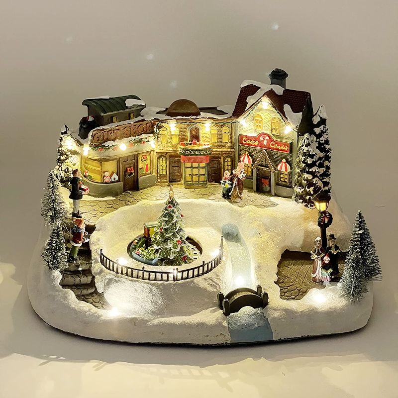 Photo 1 of **BROKEN IN THE BACK BUT IT FUNCTIONS**
Allgala Crafted Polyresin Christmas House Collectable Figurine with USB and Battery Dual Power Source-Tree and Shops-XH93426

