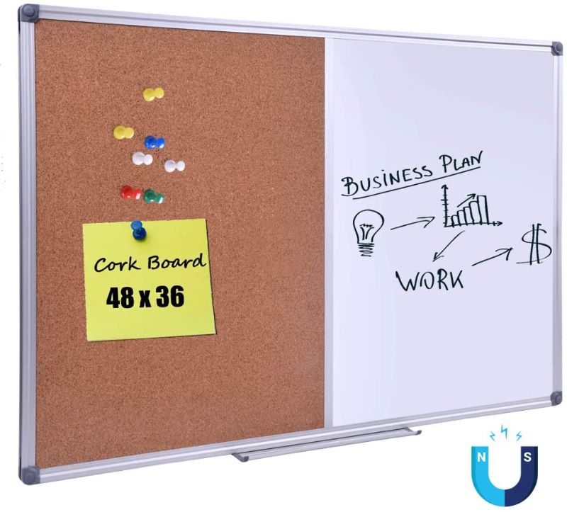 Photo 1 of  48 x 36 Inch Magnetic Dry Erase/Cork Combo Board, Wall Mounted Whiteboard & Corkboard Combination with Aluminum Frame
