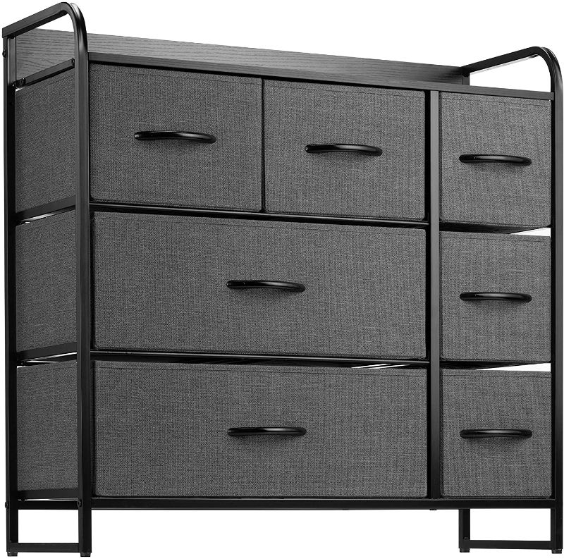 Photo 1 of 7 Drawer Dresser Organizer Fabric Storage Chest for Bedroom, Hallway, Entryway, Closets, Nurseries. Furniture Storage Tower Sturdy Steel Frame, Wood Top, Easy Pull Handle Textured Print Drawers
