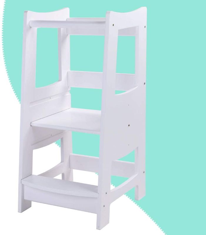 Photo 1 of 
EGREE Toddlers Kitchen Step Stool with Safety Rail Kids Wooden Standing Tower for Kitchen Counter and Bathroom Sink, 3 Heights Adjustable Step Up Stool Mothers' Helper, Solid Wood Construction, White
