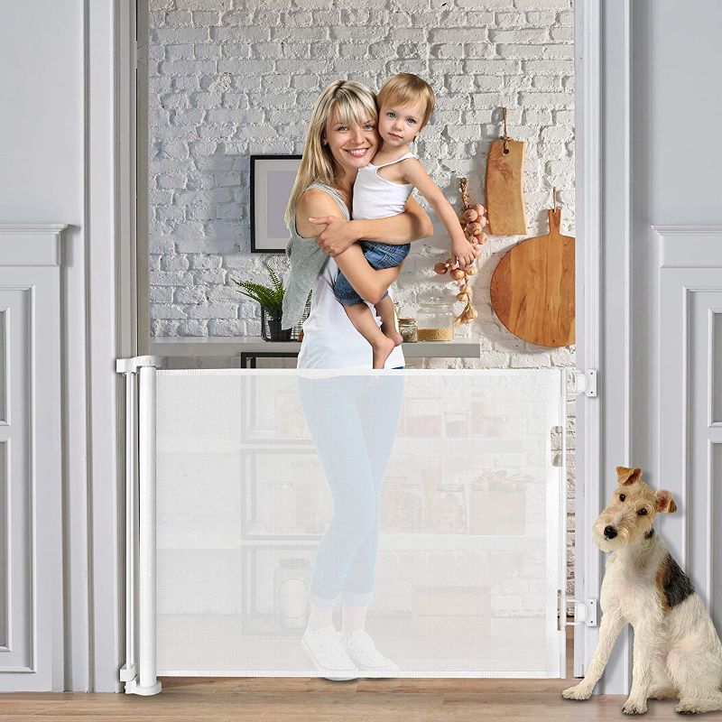 Photo 1 of Retractable Baby Gate 60" Indoor Mesh Safety Dog Gate for Stairs Outdoor Pet Gate
