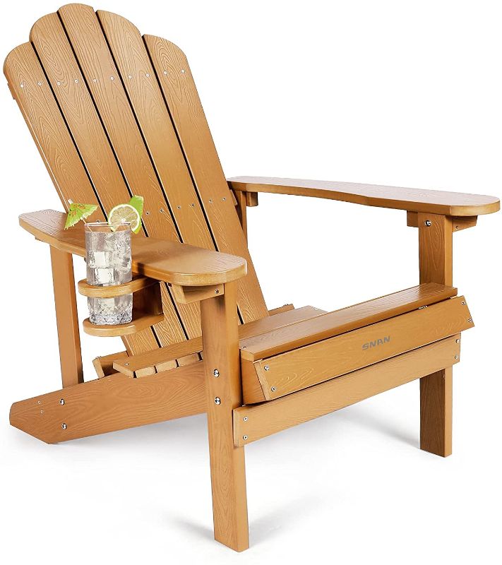 Photo 1 of Adirondack Chair Weather Resistant with Cup Holder, SNAN All-Weather Patio Chair for Garden&Outdoor Fire Tables, Fade-Resistant Outdoor Seating, Wood-Like Processing Sturdy Outdoor Chair(Teak)