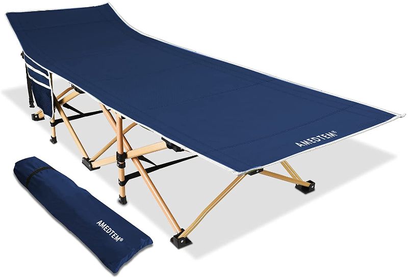 Photo 1 of AMEDTEM Camping Cots, Sleeping Cots Backpacking Bed Oversized Folding Protable with Carry Bag,Travel Camp Cot for Heavy People Home Office Outdoor Hiking Beach Pool, Support 450LBS - Navy Blue