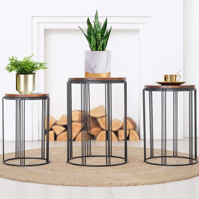 Photo 1 of  Patio Side End Plant Tables Outdoor Set of 3, Round Rustic Metal Wire Frame with Fir Wood Top, Industrial Nesting Stacking Coffee Tables for Living Room Balcony Indoor Home 