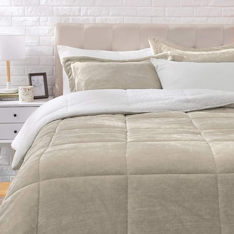 Photo 1 of Amazon Basics Ultra-Soft Micromink Sherpa Comforter Bed Set - Taupe, King
