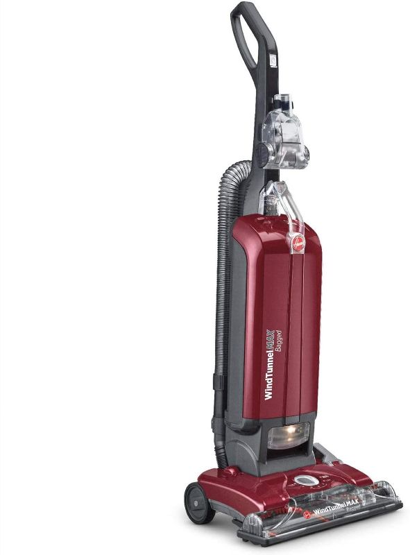 Photo 1 of Hoover WindTunnel Max Bagged Upright Vacuum Cleaner, with HEPA Media Filtration, 30ft. Power Cord, UH30600, Red
