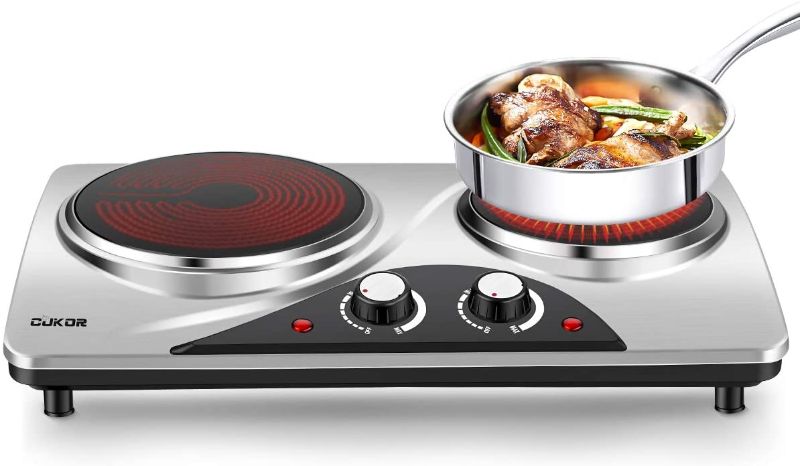 Photo 1 of CUKOR Electric Hot Plate, 1800W Portable Electric Stove,Infrared Double Burner,Heat-up In Seconds,7.1 Inch Ceramic Glass Double Hot Plate Cooktop for Dorm Office Home Camp, Compatible w/All Cookware
