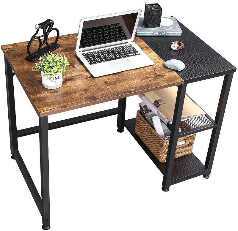 Photo 1 of BEWISHOME Office Computer Desks for Home 39 Inch Study Desk with Height Adjustable Storage Shelf Writing Table Rustic Brown and Black Modern Simple Style BBZ01Z
