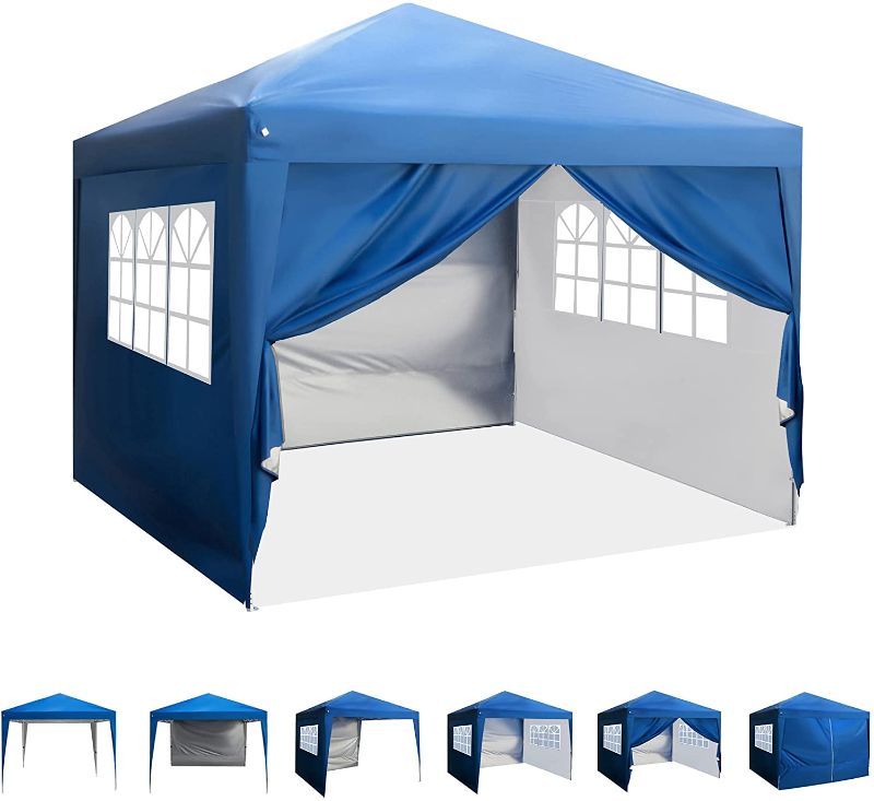 Photo 1 of ASTEROUTDOOR 10'x10' Pop Up Canopy with Sidewalls, Adjustable Leg Heights, Windows, Wheeled Carry Bag, Stakes and Ropes, Royal Blu