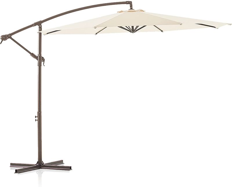 Photo 1 of 10 ft. Offset Hanging Patio Umbrella Cantilever Outdoor Umbrellas with Fade Resistant Solution-Dyed Canopy, Infinite Tilt, Crank & Cross Base (Beige)
