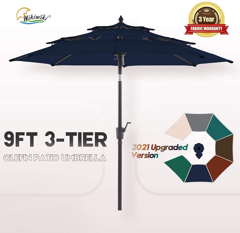 Photo 1 of  9 FT 3 Tier Market Umbrella Patio Outdoor Table Umbrellas with 3-Year Nonfading Olefin Canopy and Push Button Tilt for Garden, Backyard & Pool (Navy Blue)
