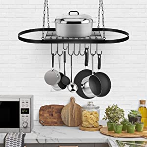 Photo 1 of  Pot and Pan Rack for Ceiling with Hooks — Decorative Oval Mounted Storage Rack — Multi-Purpose Organizer for Home, Restaurant, Kitchen Cookware, Utensils, Books, Household (Hanging Black)
