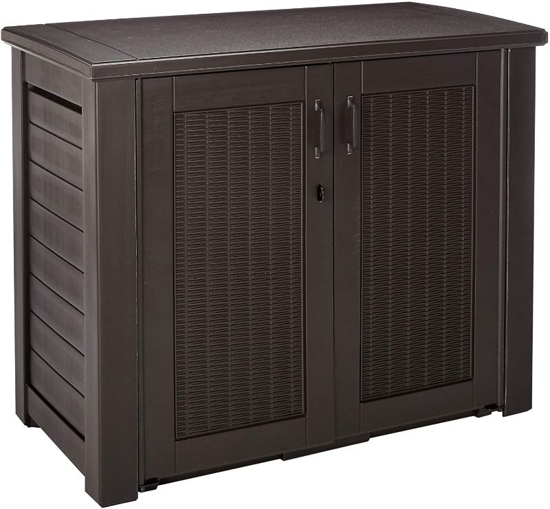 Photo 1 of ***PARTS ONLY*** Rubbermaid Decorative Patio Chic Weather Resistant Outdoor Storage Cabinet, Black Oak
**PREVIOUSLY USED**