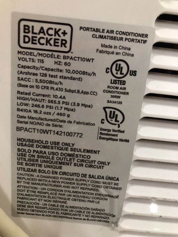 Photo 3 of 
BLACK+DECKER BPACT08WT Portable Air Conditioner with Remote Control, 5,000 BTU DOE (8,000 BTU ASHRAE), Cools Up to 150 Square Feet, White