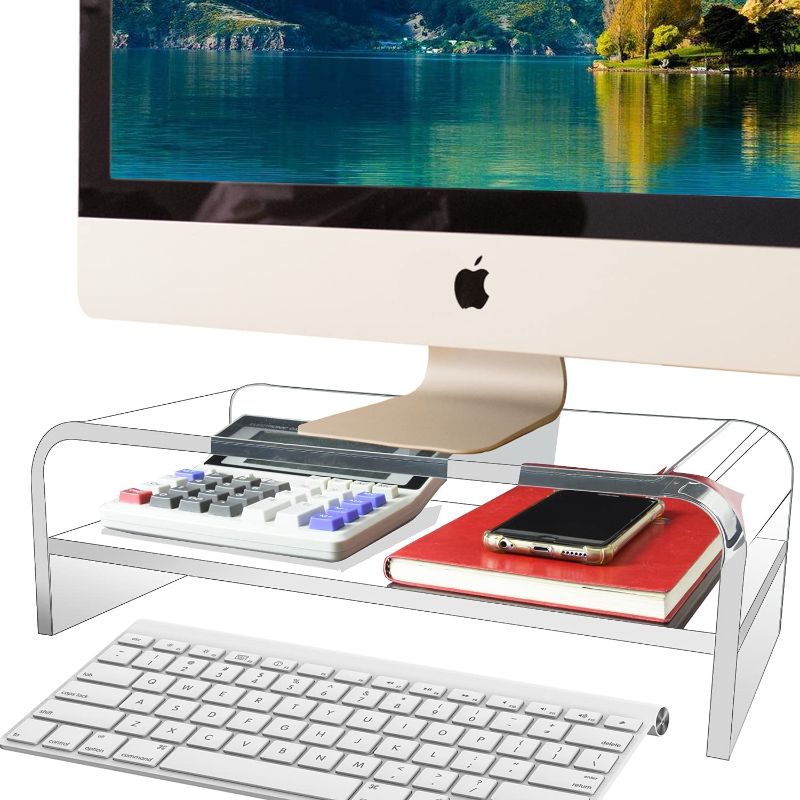 Photo 1 of Acrylic Monitor Stand 2 Tier, TINOMAR Computer Monitor Stand Riser for iMac, PC, Desktop, Laptop, TV Screen, Printer with Sturdy Platform, Transparent Ergonomic Monitor Stand for Home and Office
