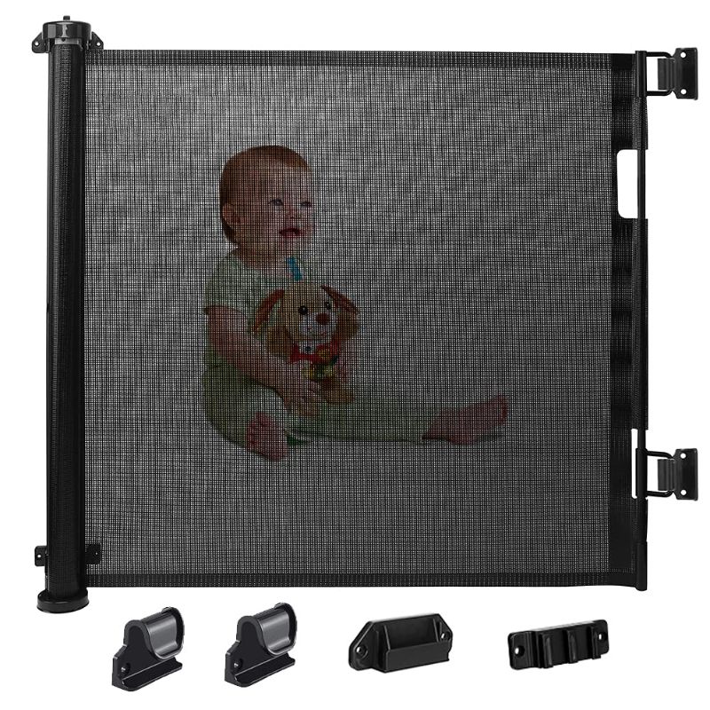 Photo 1 of Baby Gate 34" Tall Retractable Baby Gates Extra Wide 59" Indoor and Outdoor Mesh Baby Safety Gates and Pet Gate for Stairs, DoorWays, and More, Black by Lofekea
