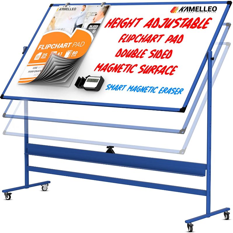 Photo 1 of Mobile Whiteboard - 60x46 Large Height Adjust 360° Rolling Double Sided Dry Erase Board, Magnetic White Board on Wheels, Portable Easel with Stand, Flip Chart and Holders | Blue Limited Edition
