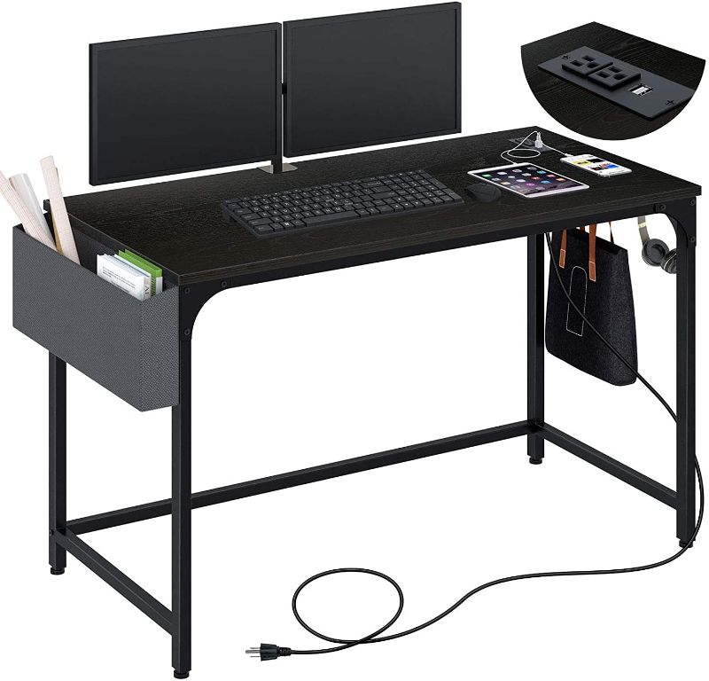 Photo 1 of Rolanstar Computer Desk with Power Outlet, Home Office PC Desk with USB Ports Charging Station, 39" Desktop Table with Side Storage Bag and Iron Hooks, Stable Metal Frame Workstation, Black
