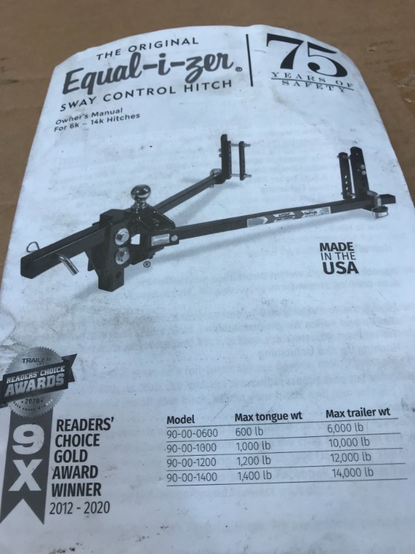 Photo 3 of **parts only**
Equal-i-zer 4-point Sway Control Hitch, 90-00-1000, 10,000 Lbs Trailer Weight Rating, 1,000 Lbs Tongue Weight Rating, Weight Distribution Kit Includes Standard Hitch Shank, Ball NOT Included
