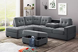 Photo 1 of **box 2 only** 
MGH 3PCS Sectional Sofa, Microfiber L-Shape Sectional Sofa Couch and Storage Ottoman Living Room Set, Reversible Chaise Lounge and Cup Holders (Grey)
