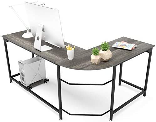 Photo 1 of Teraves Modern L-Shaped Desk Corner Computer Desk Home Office Study Workstation Wood & Steel PC Laptop Gaming Table (Small, Black Oak)
