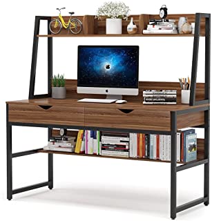 Photo 1 of Tribesigns Computer Desk with 2 Drawers, 47 Inches Office Writing Desk with Bookshelf and Hutch, Space Saving Workstation Desk for Home Office (Dark Walnut)
