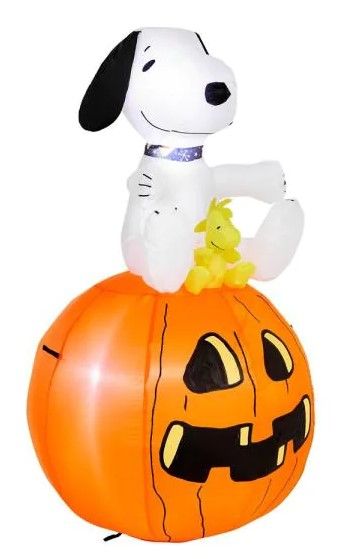 Photo 1 of 3.5 ft. Snoopy with Halloween Collar and Woodstock on Pumpkin Airblown Peanuts Halloween Inflatable
