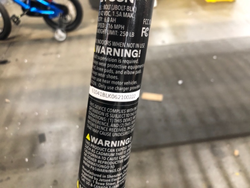 Photo 5 of *Not functional* *For parts only*
Jetson Electric Bike Bolt Folding Electric Bike, with Pegs - with LCD Display, Lightweight & Portable with Carrying Handle, Travel Up to 15 Miles, Max Speed Up to 15.5 MPH , 40" x 20" x 37"
