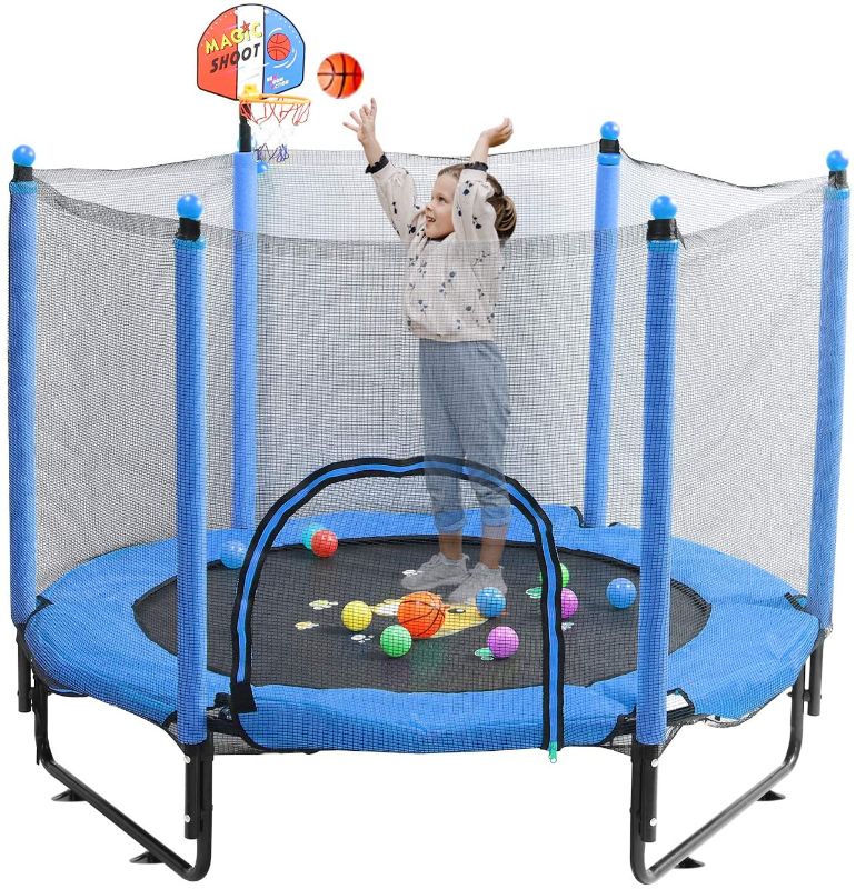 Photo 1 of 
Trampoline for Kids 5 FT Indoor Outdoor Toddler Trampoline Bulit-in Zipper Heavy Duty Steel Frame with Basketball Hoop, Rubber Ball and Safety Net
Color:Blue