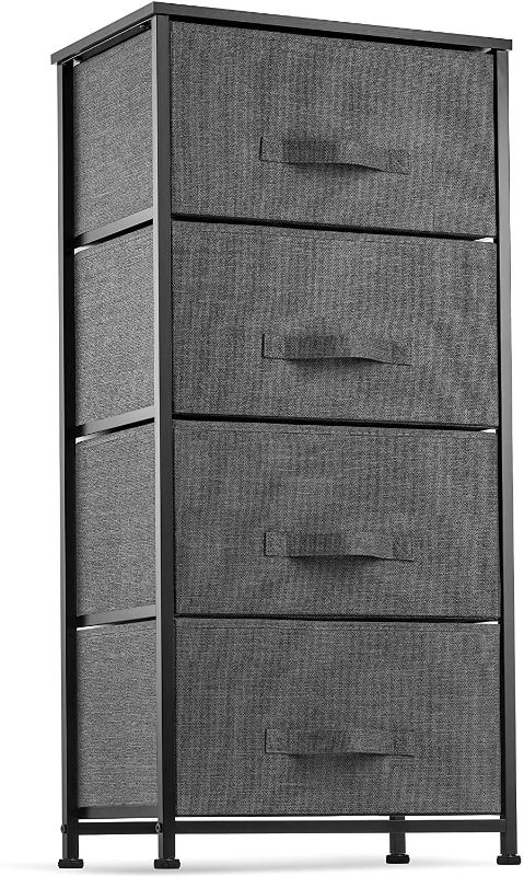 Photo 1 of 
Dresser with 4 Drawers - Tall Storage Tower Unit Organizer for Bedroom, Hallway, Closet, College Dorm - Chest Drawer for Clothes, Steel Frame, Wood Top,...
Color:Charcoal / Black
UNKNOWN OF MODEL AND SIZE