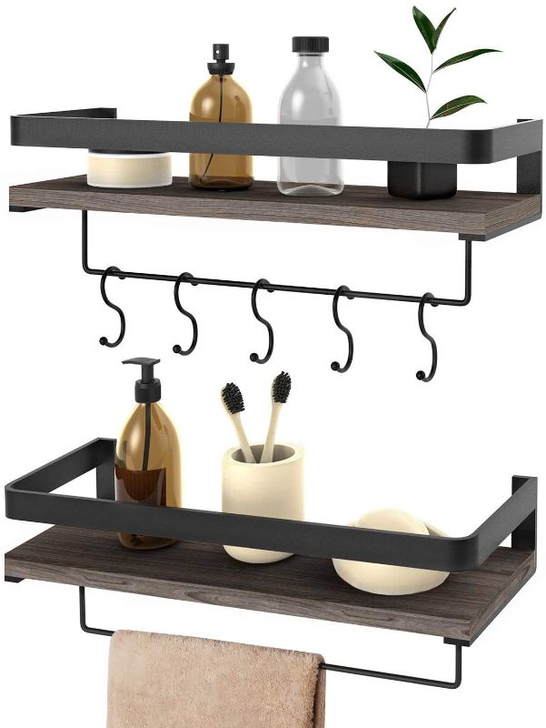 Photo 1 of 
Floating Shelves Wall Mount Rustic Pine Wood Storage Shelves for Kitchen Bathroom Bedroom with Rail Towel Bar and 5 Hooks Set of 2 Brown