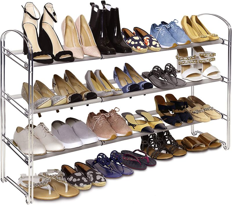 Photo 1 of 
Seville Classics 3-Tier Expandable 24-Pair Shoe Rack Non-Slip Metal Freestanding Closet, Entryway, Bedroom Footwear Organizer, Chrome Poles
Color:Chrome