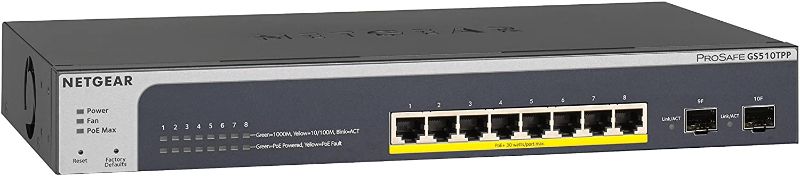 Photo 1 of 
NETGEAR 10-Port PoE Gigabit Ethernet Smart Switch (GS510TPP) - Managed, with 8 x PoE+ @ 190W, 2 x 1G SFP, Desktop or Rackmount, and Limited Lifetime Protection
Model:10 Port | 8xPoE+ 190W