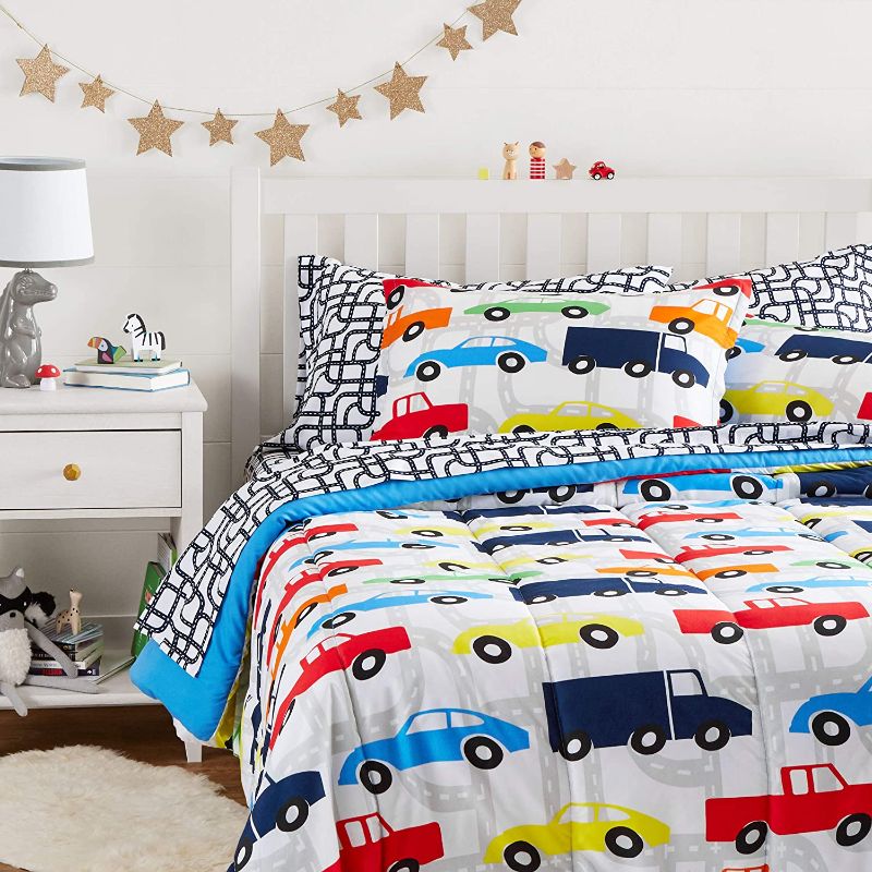 Photo 1 of Amazon Basics Easy Care Super Soft Microfiber Kid's Bed-in-a-Bag Bedding Set - Twin, Multi-Color Racing Cars
