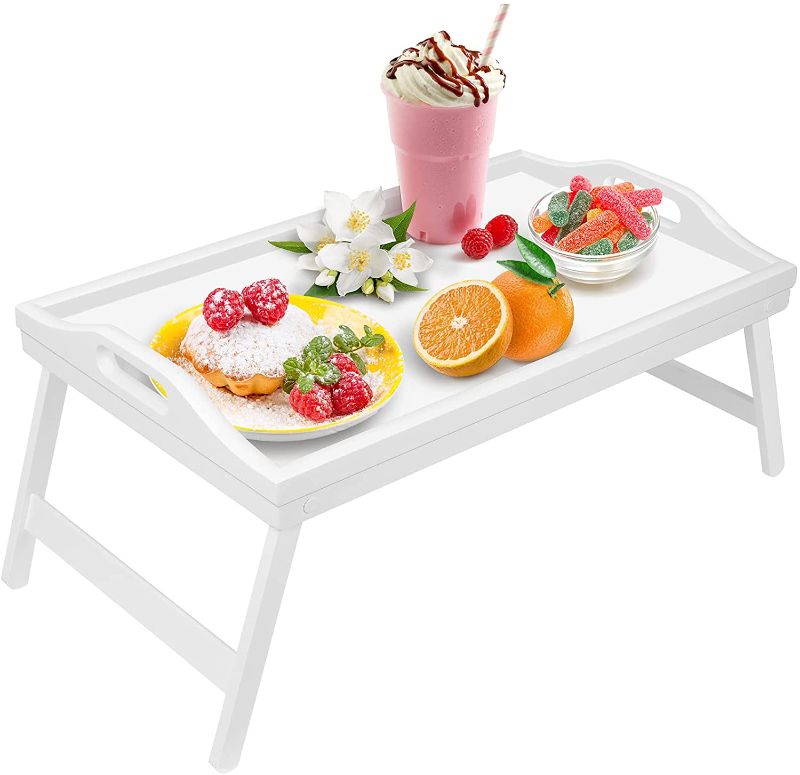 Photo 1 of  Bed Tray Table with Folding Legs Breakfast Food TV Tray Bamboo Wooden Serving Dinner Tea Bar Tray
Color:White