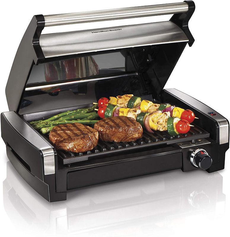 Photo 1 of Hamilton Beach Electric Indoor Searing Grill Removable Easy-To-Clean Nonstick Plate, 6-Serving, Extra-Large Drip Tray, Stainless Steel (25360)  USED
Style:Searing Grill
Pattern Name:Grill

