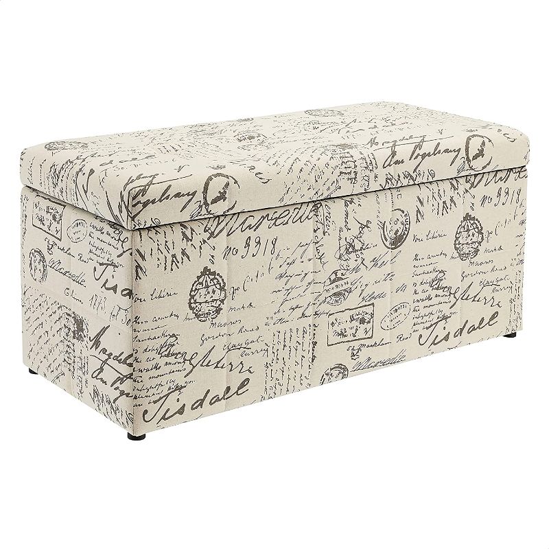 Photo 1 of 
FIRST HILL FHW Fabric Storage Ottoman with Script-Style Pattern, Neutral Beige