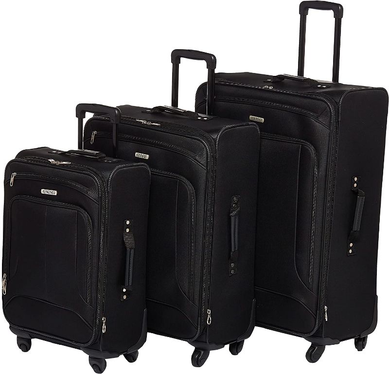 Photo 1 of American Tourister Pop Max Softside Luggage with Spinner Wheels, Black, 3-Piece Set (21/25/29) PLUS DUFFLE