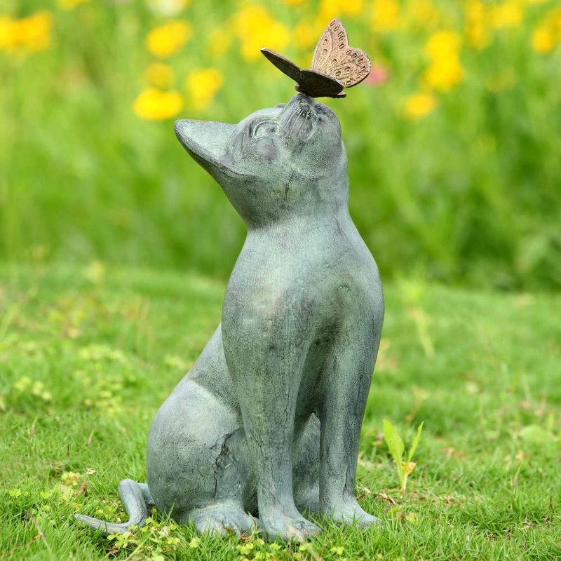 Photo 1 of SPI Home Cat and Butterfly Curiosity Garden Statue Green 7.5" x 10.5" x 15"