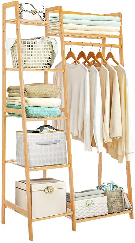 Photo 1 of 
Jotsport Bamboo Clothes Rack with 7 Tier Storage Shelves Clothing Hanging Stand for Small Spaces Children's Wardrobe Closet, Multifunctional Plant Stand