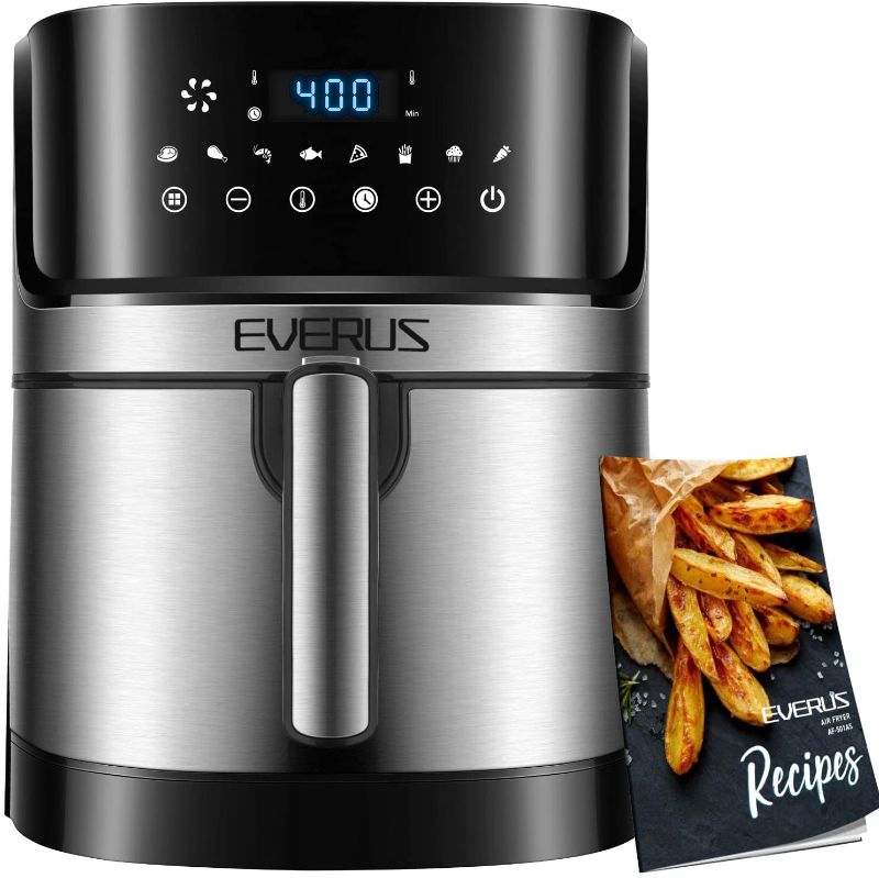 Photo 1 of Air Fryer EVERUS 1700-Watts Hot Air Fryer Oven XL 5.8QT, Stainless Steel Electric Air Fryer Oilless Cooker with 8 Presets, Nonstick Square Basket, 100 Free Recipes Book Included
