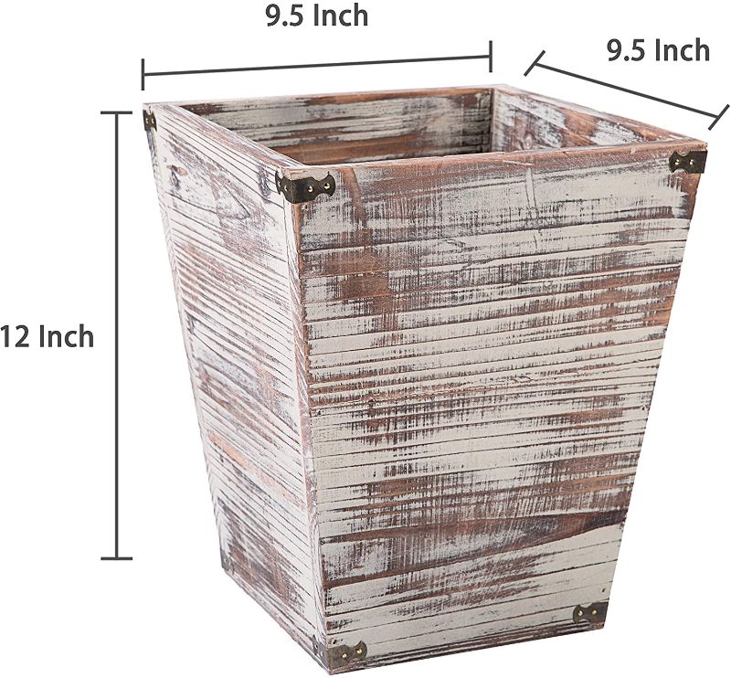 Photo 1 of 
MyGift Farmhouse Style 2 Item Bundle, Rustic Torched Wood Square Wastebasket Bin with Decorative Metal Brackets