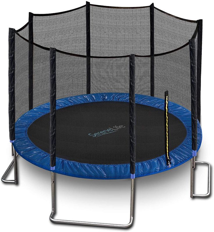 Photo 1 of SereneLife Trampoline with Net Enclosure – ASTM Approved, Stable, Strong Kids and Adult Trampoline with Net – Outdoor Trampoline for Kids, Teens and Adults 144. 0" x 144. 0" x 100. 8",
