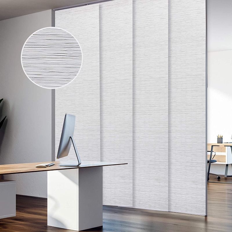 Photo 1 of GoDear Design Deluxe Adjustable Sliding Panel Track Blind 45.8"- 86" W x Up to 96" H, Extendable 4-Rail Track Vertical Blind, Trimmable Pleated Natural Woven Fabric, Hanging Room Divider, Mica
