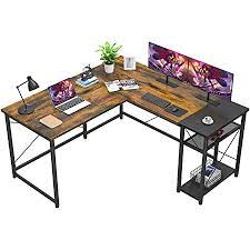 Photo 1 of Foxemart L-Shaped Computer Desk, Industrial Corner Desk Writing Study Table with Storage Shelves, Space-Saving, Large Gaming Desk 2 Person Table for Home Office Workstation, Rustic Brown/Black
