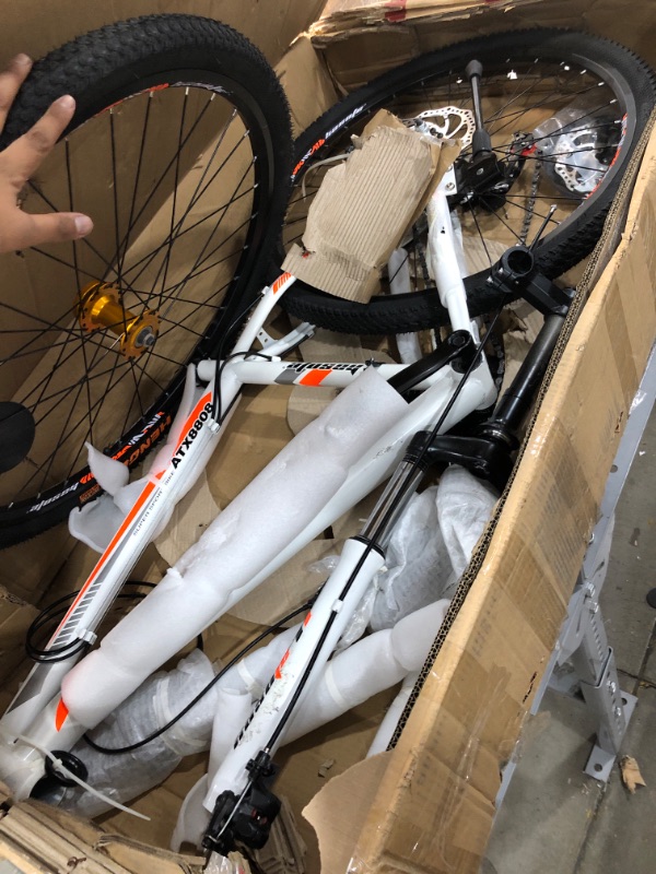 Photo 1 of 26 Inch Moutain Bike Carbon Steel Suspension Fork Bikes, 21 Speed Dual Disc Brake City Moutain Bicycle for Adults and Teens (White Orange)

