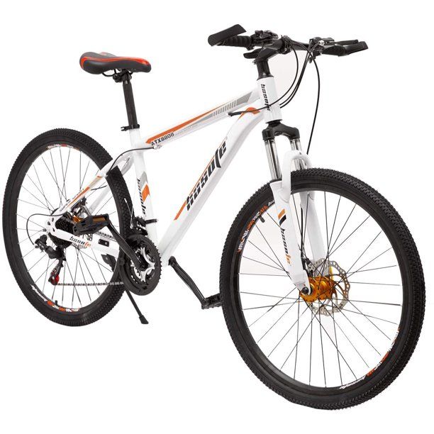 Photo 1 of 26 Inch Moutain Bike Carbon Steel Suspension Fork Bikes, 21 Speed Dual Disc Brake City Moutain Bicycle for Adults and Teens (White Orange)
