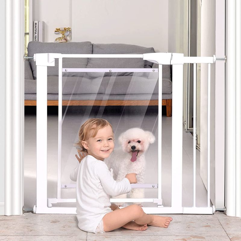 Photo 1 of Babelio Metal Baby Gate Pet Gate, 29-40 inches Pressure Mounted Dog Gate with Door for Doorways and Stairs, No Drilling, Extra Wide Indoor Safety Gate for Puppy and Child (Transparent White)Size: 29-40
