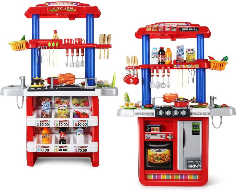 Photo 1 of CUTE STONE 2-in-1 Kids Kitchen & Grill Playset, Large Play Kitchen with Realistic Lights & Sounds,Play Sink with Running Water, Kitchen Toy Set with Play Food and Kitchen Accessories Set
